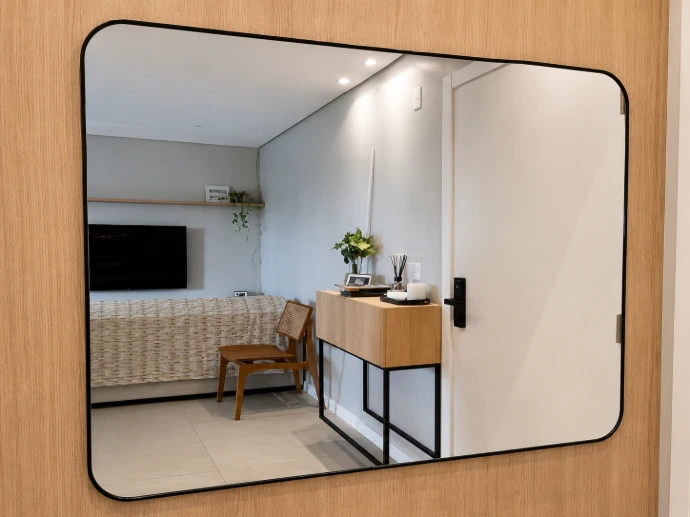 Espelho decorativo com moldura de madeira em hall de entrada